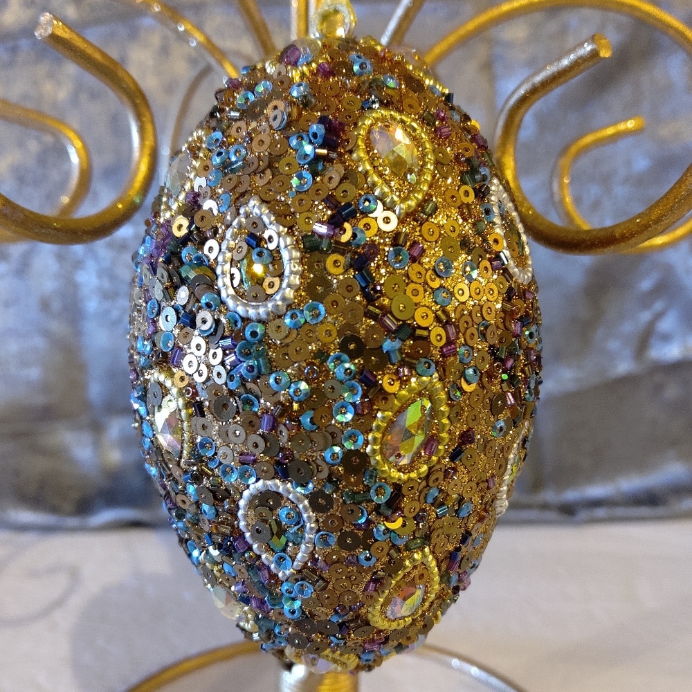 Vintage Teardrop Gold  Brown Teal Sequin Beaded Ornament